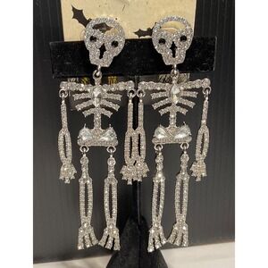 HALLOWEEN SKELETON BONES PIERCED EARRINGS 4" HANG CLEAR RHINESTONES SILVERTONE